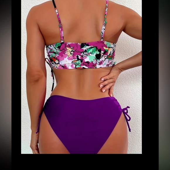 Purple and Pink Floral Bikini Set with side ties NEW size small - Picture 2 of 4